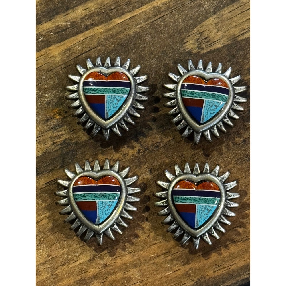 Vtg 4pc Southwestern Heart Button Covers Sunburst Inlay Silver Turquoise Color